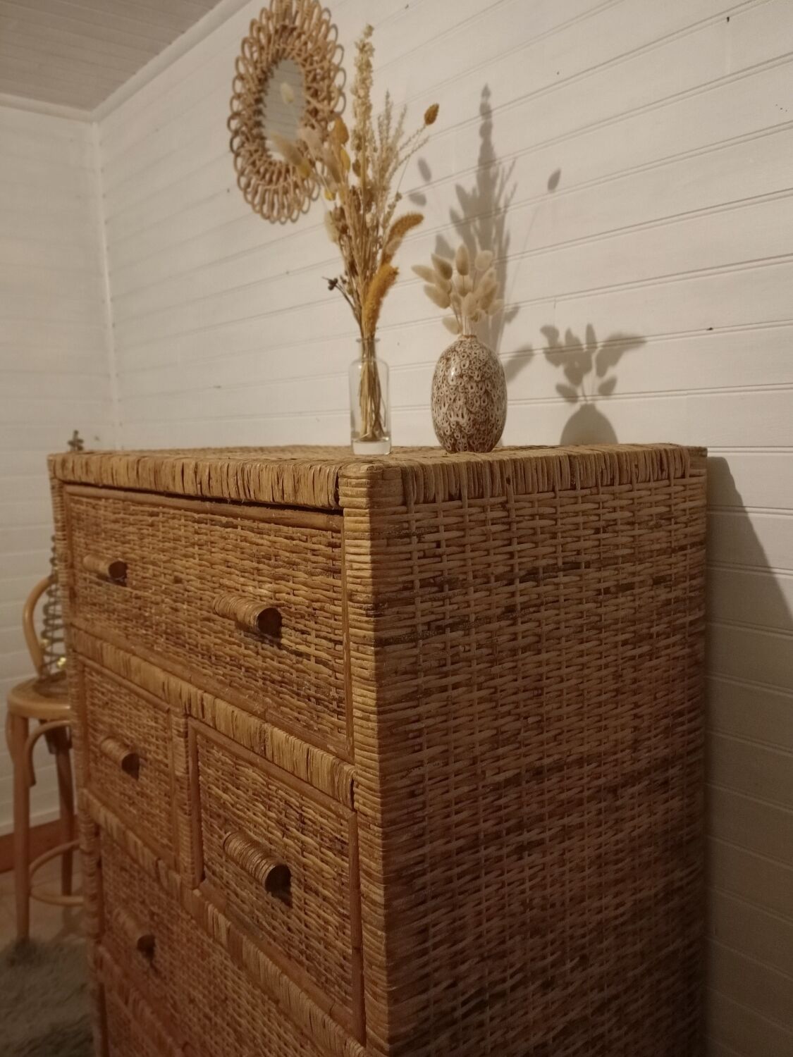 High wood and rattan chest of drawers
