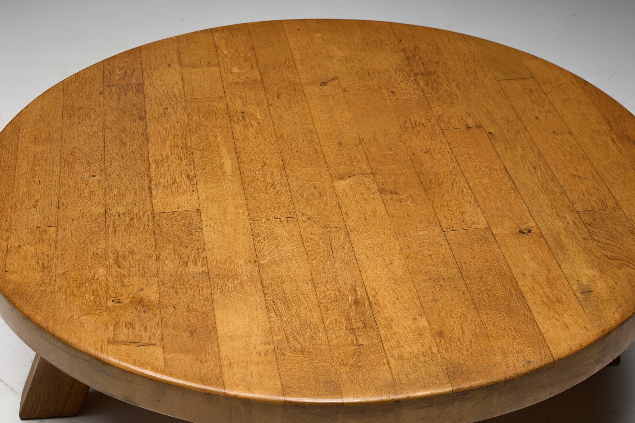 Brutalist Round Coffee Table in Solid Wood, France, 1960s