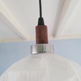 Glass sphere pendant light with teak, danish design, 70s
