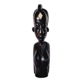 Sculpture antique d'art africain du Sénégal Buste de femme Bois d'ébène et os.