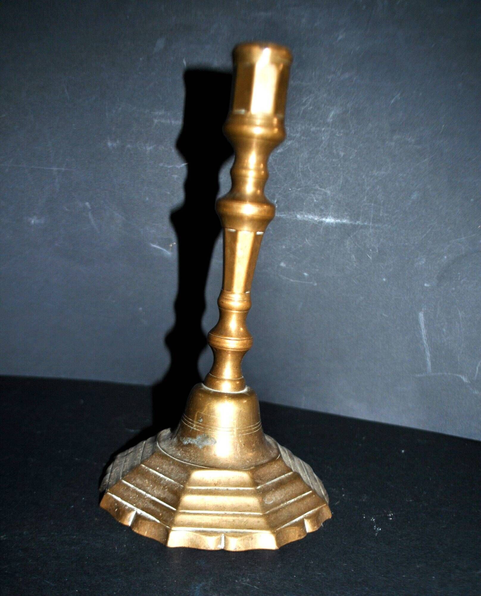 Antique bronze candlestick 18th century octagonal carved chandelier Louis XIV 23.5 cm