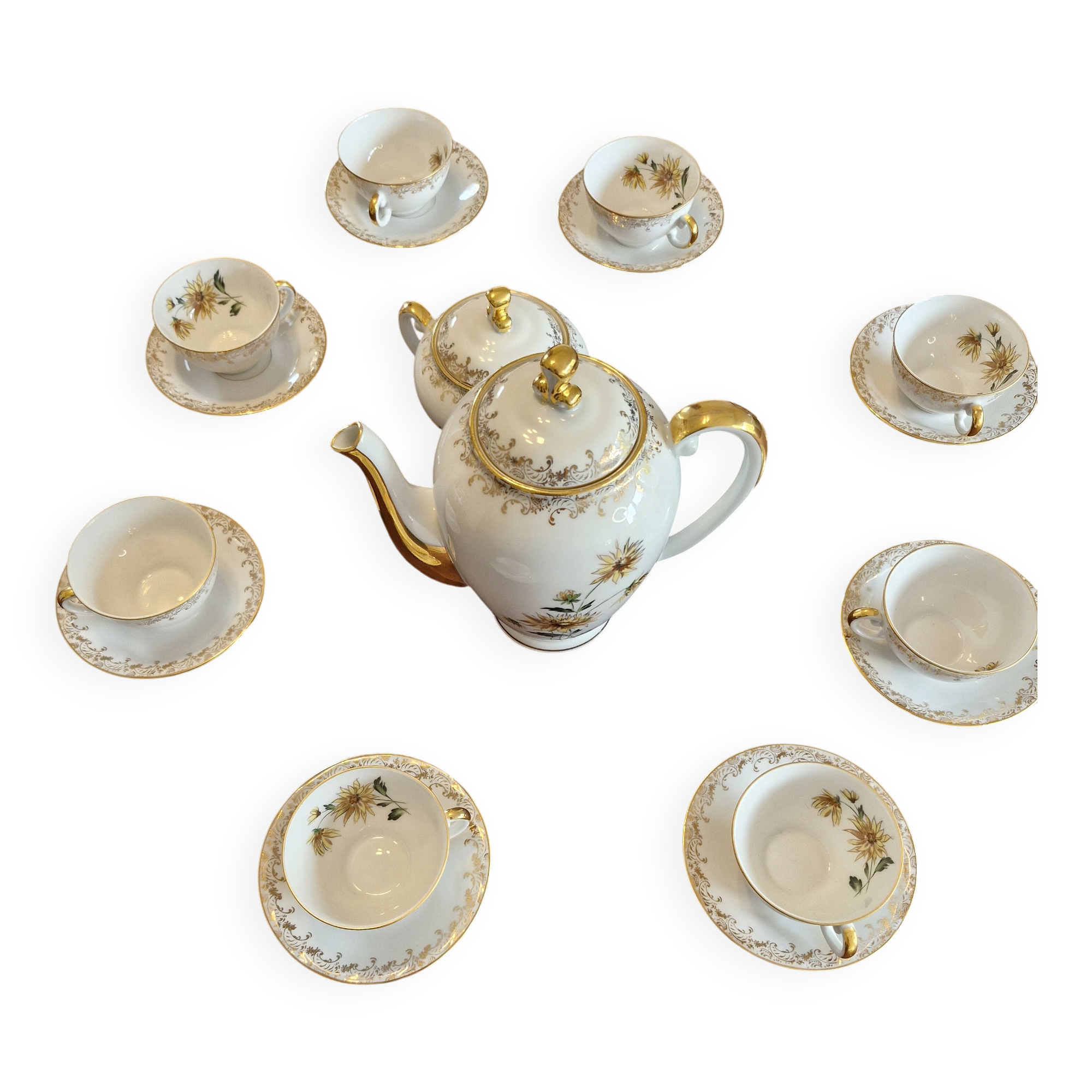 Antique coffee service in longwy porcelain – floral decoration and gilding –