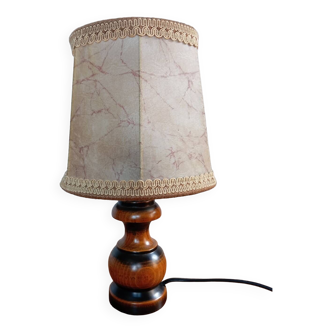 Turned wood table lamp, skin lampshade, 1960/70