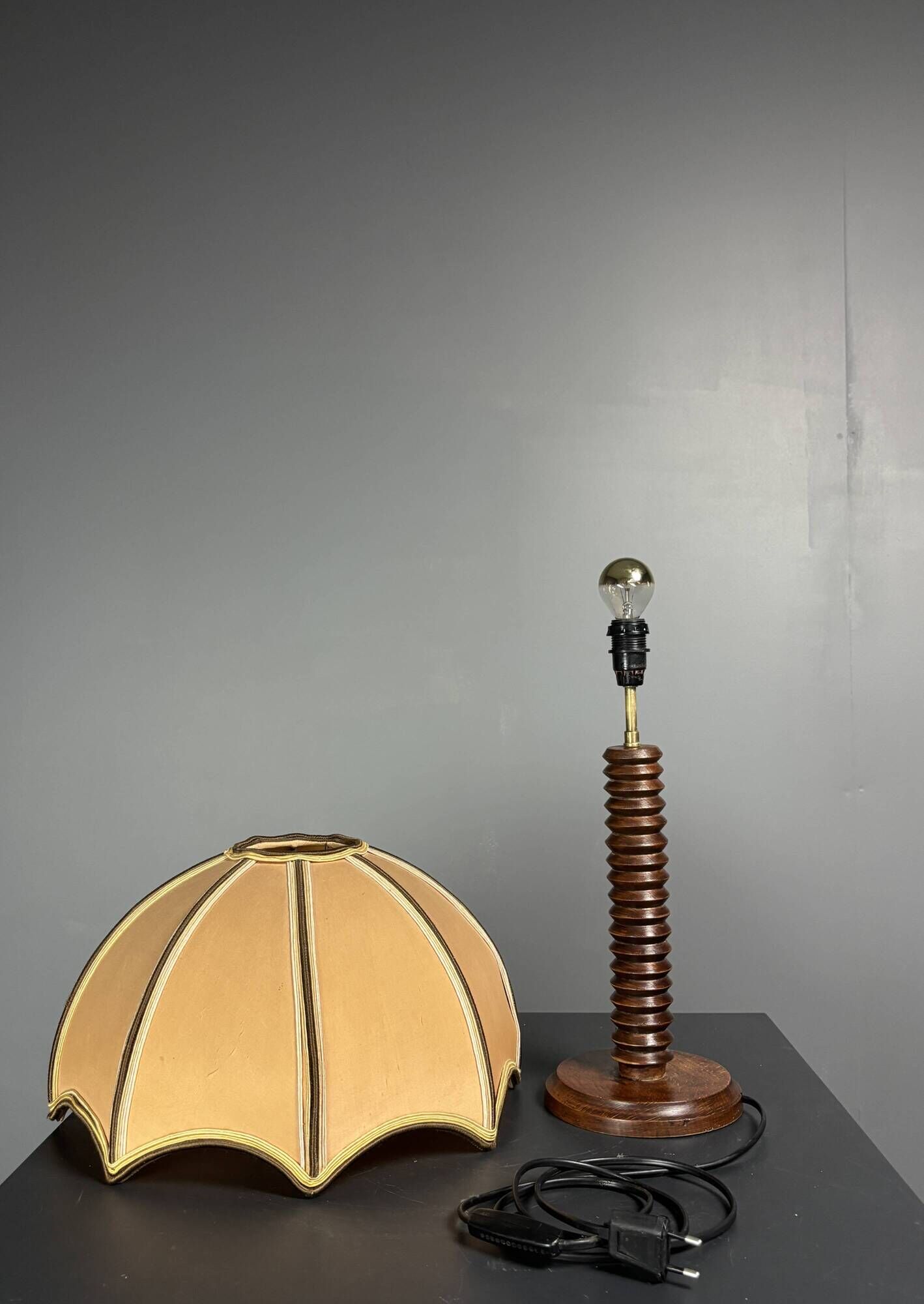 Midcentury brutalist wood turned mushroom table lamp, Charles Dudouyt style