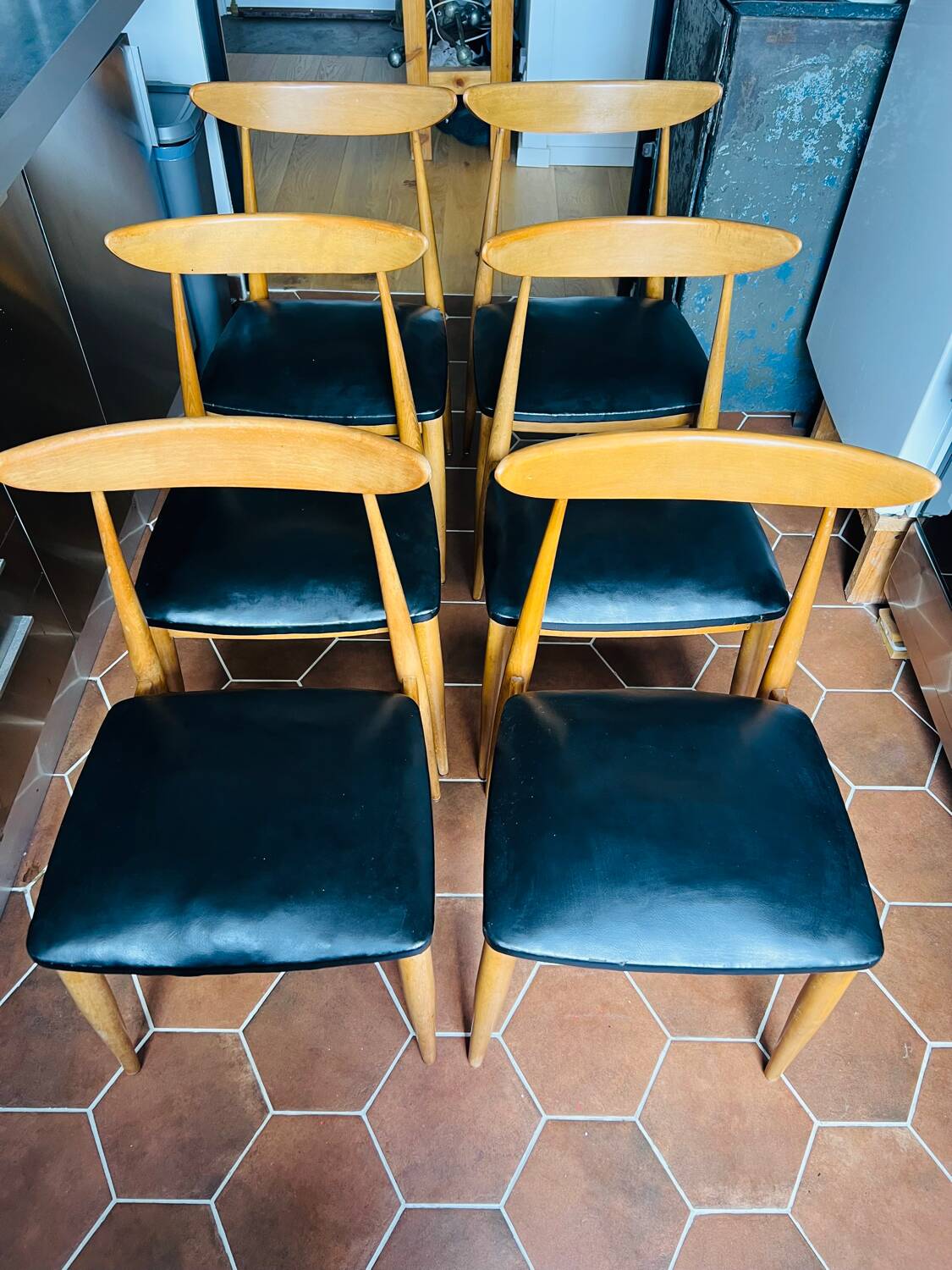 Set of 6 Vintage 1960s Scandinavian Chairs in Beech and Black Leatherette