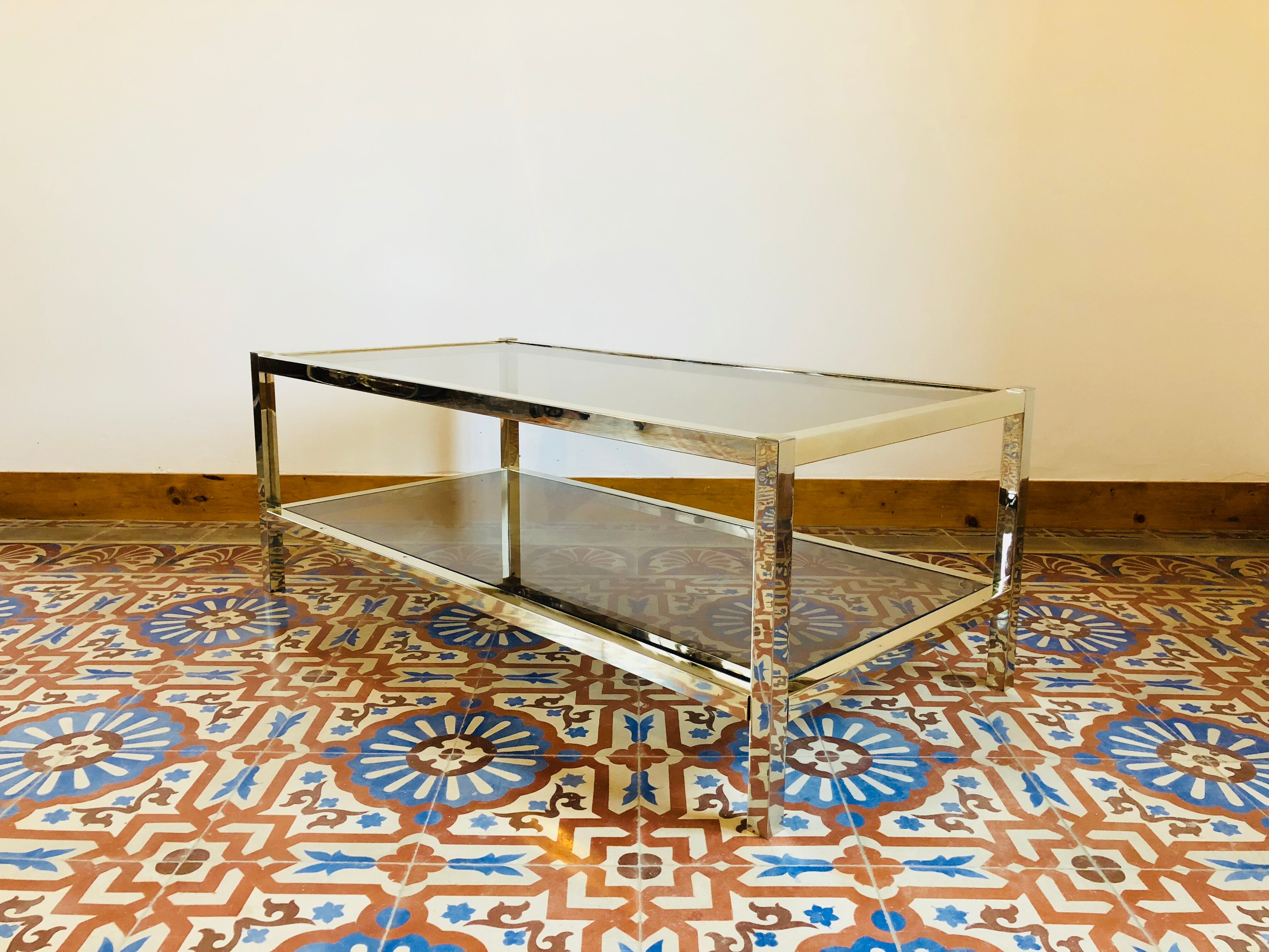 Table low brass and smoked glass 1950