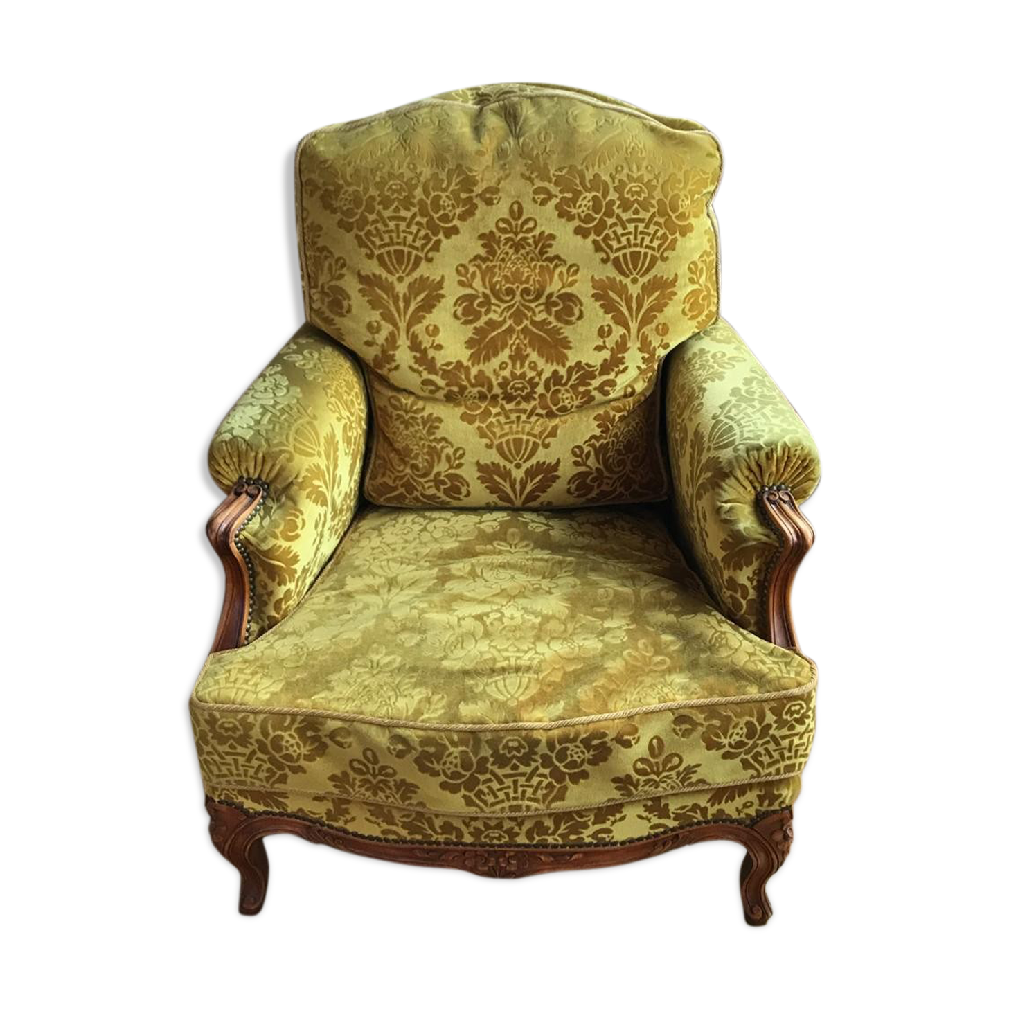 Armchair in golden yellow velvet and louis XV style cherry tree