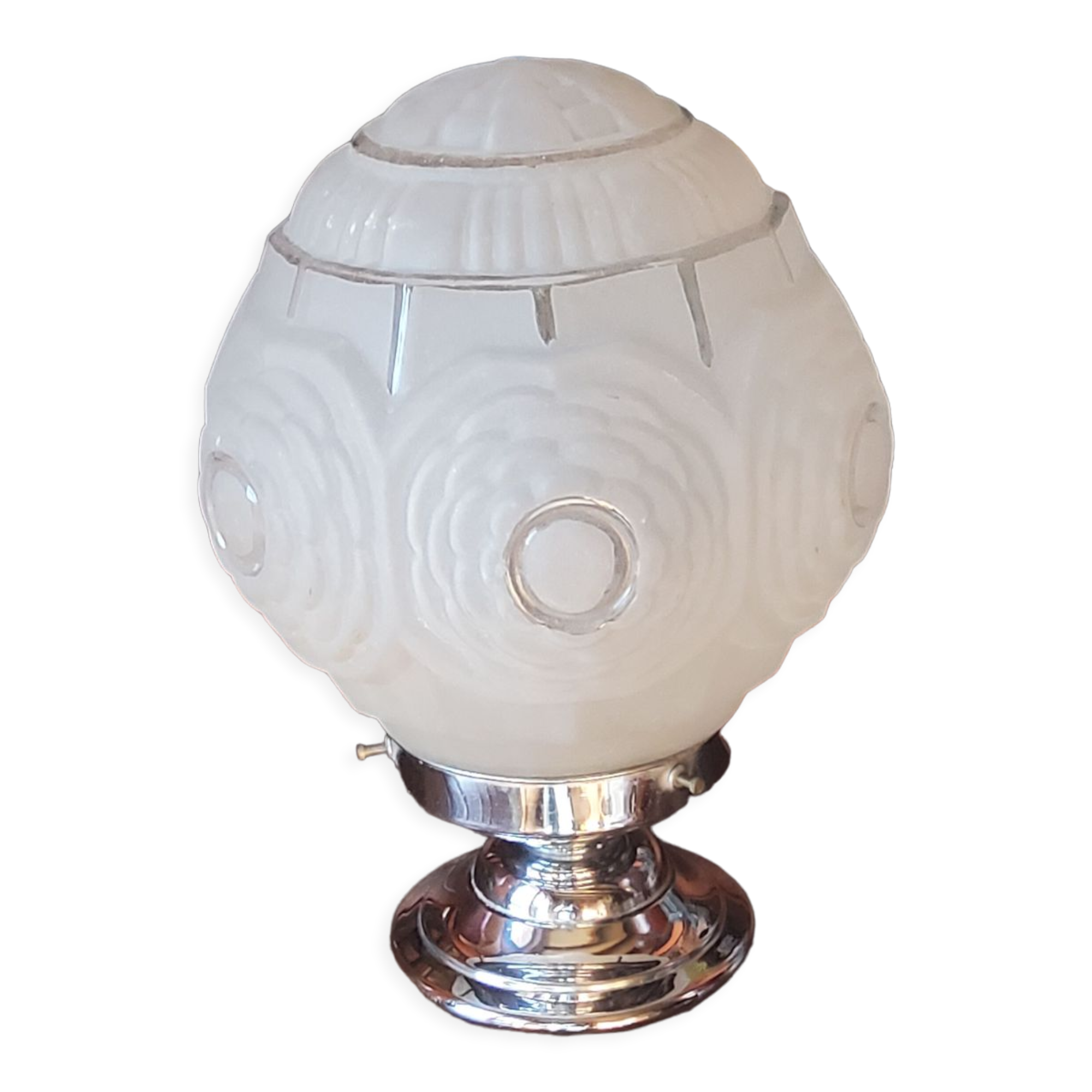 Modernist art deco suspension ceiling lamp in glass and chromed metal