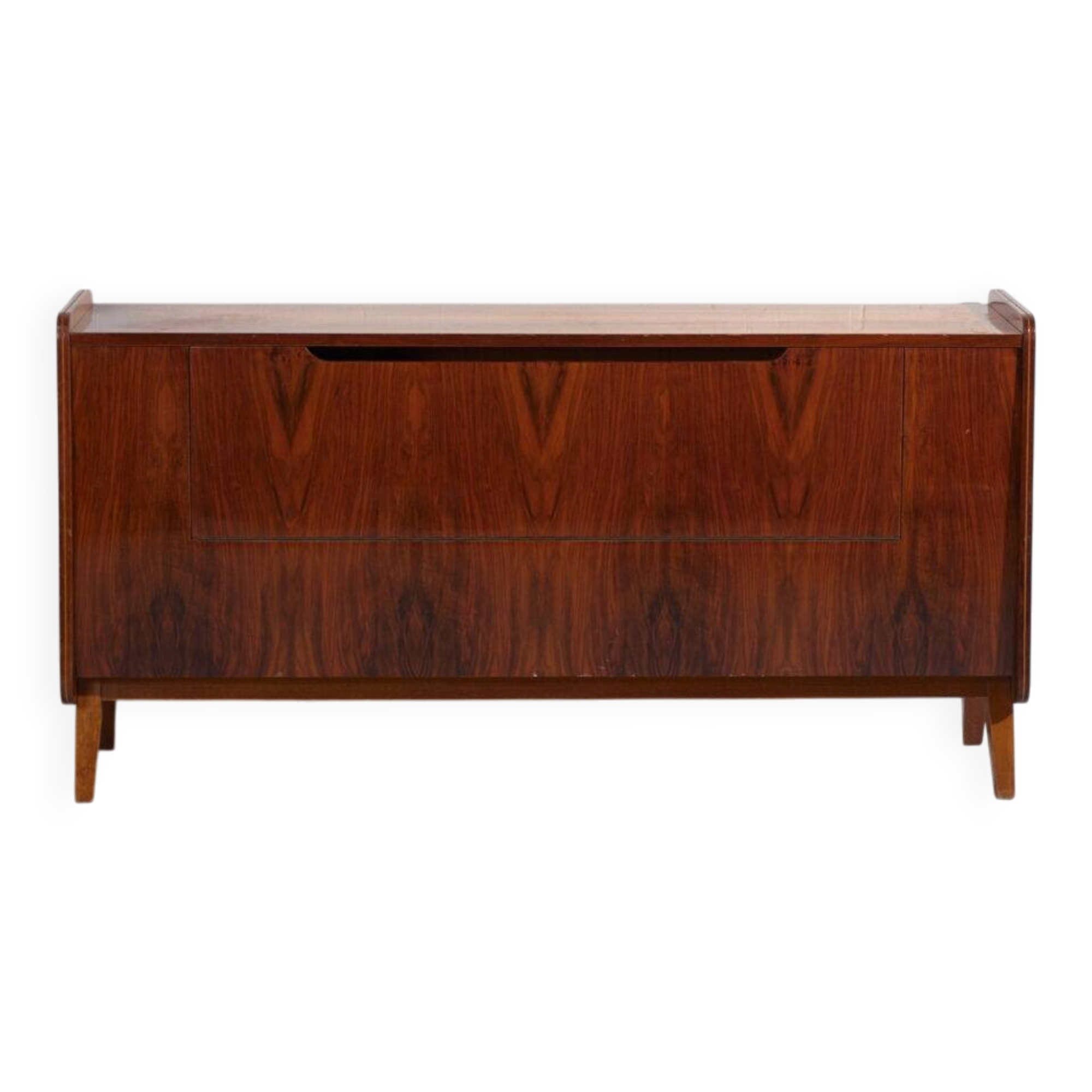 Mid-century buffet in walnut veneer with tapered legs – Czechoslovakia, circa 1960