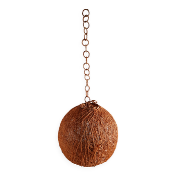 Suspension boule orange ficelle et rotin 1970