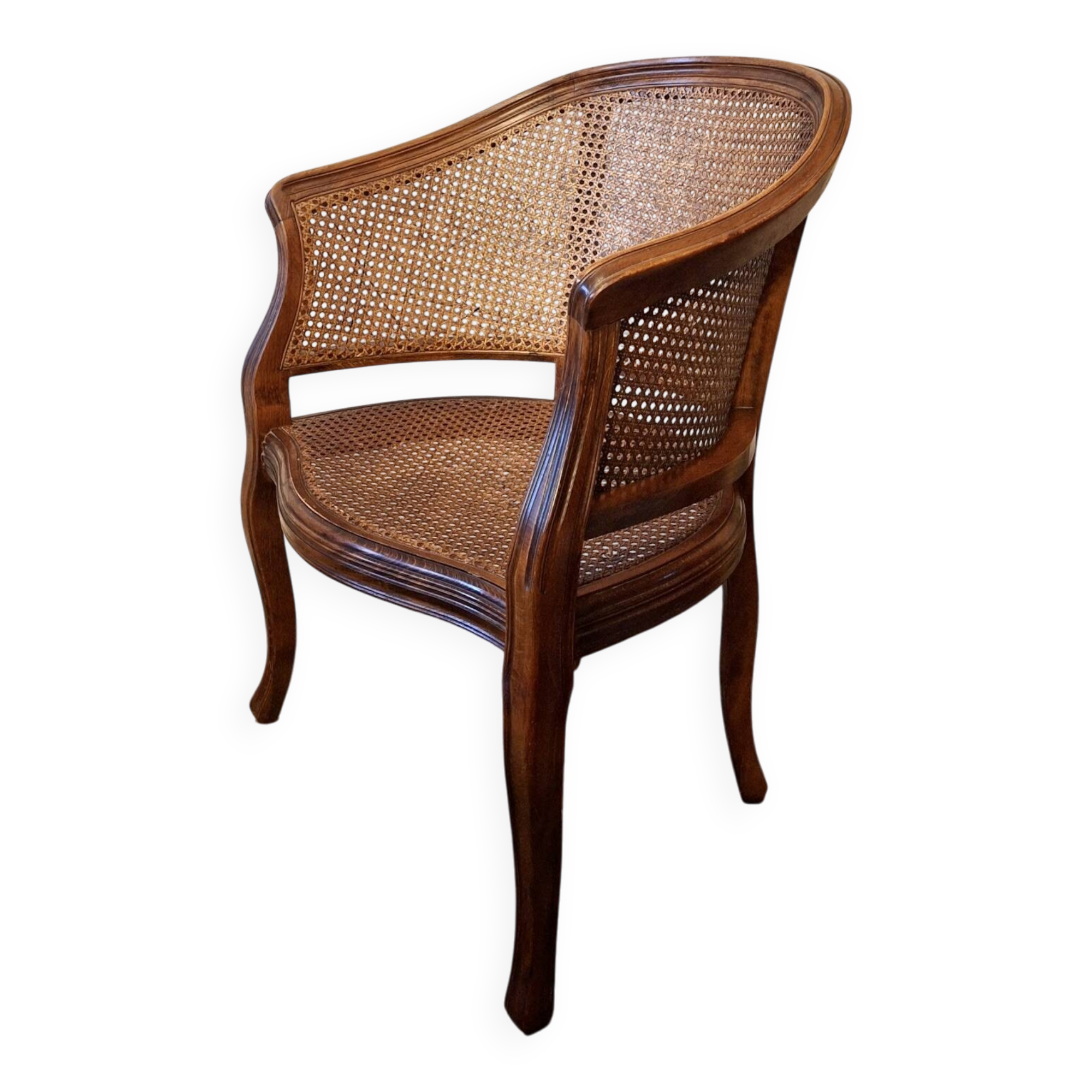 Half-moon rattan and hardwood armchair, early 20th century