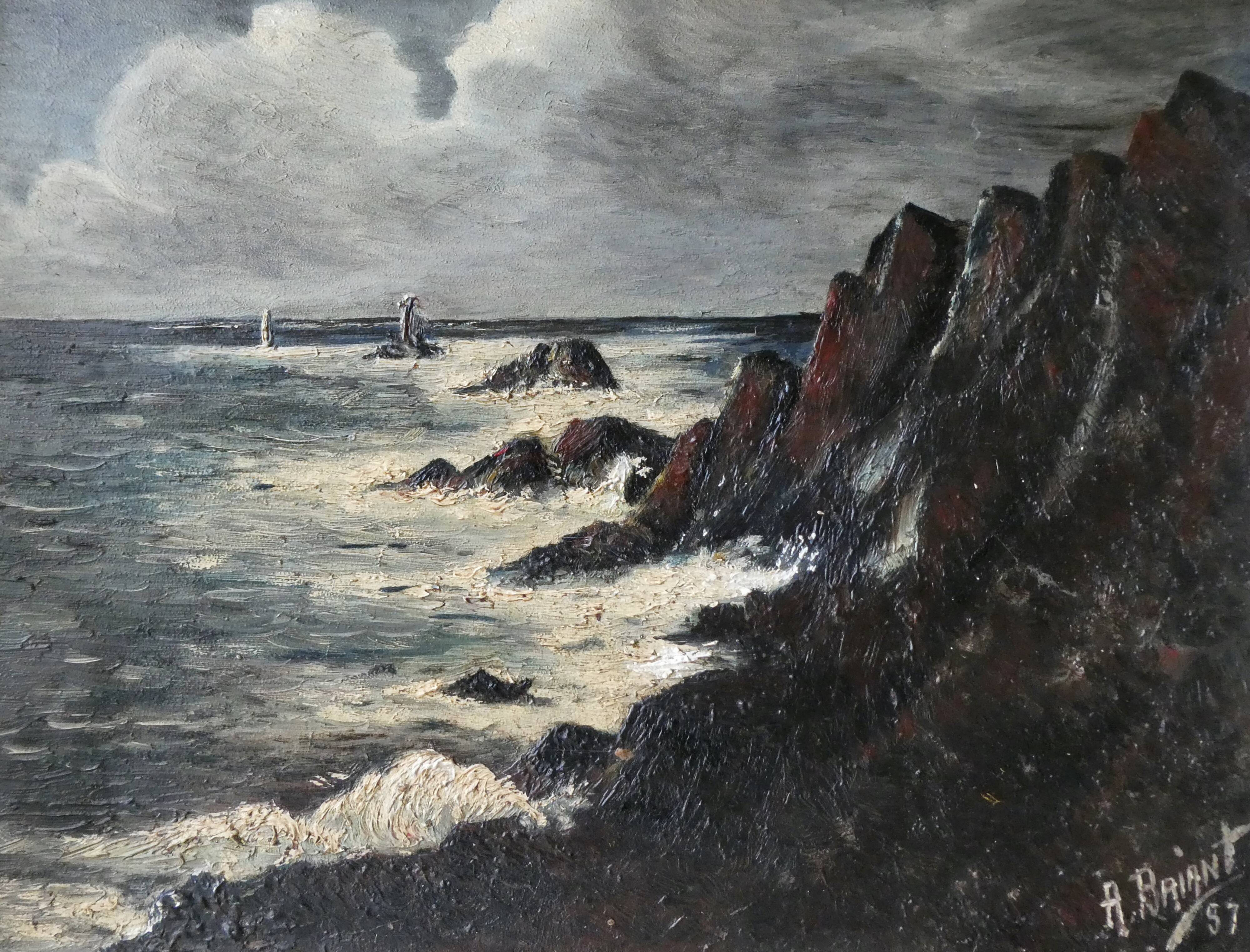 Table, oil on panel, the tip of the Raz, seaside, signed