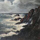 Table, oil on panel, the tip of the Raz, seaside, signed