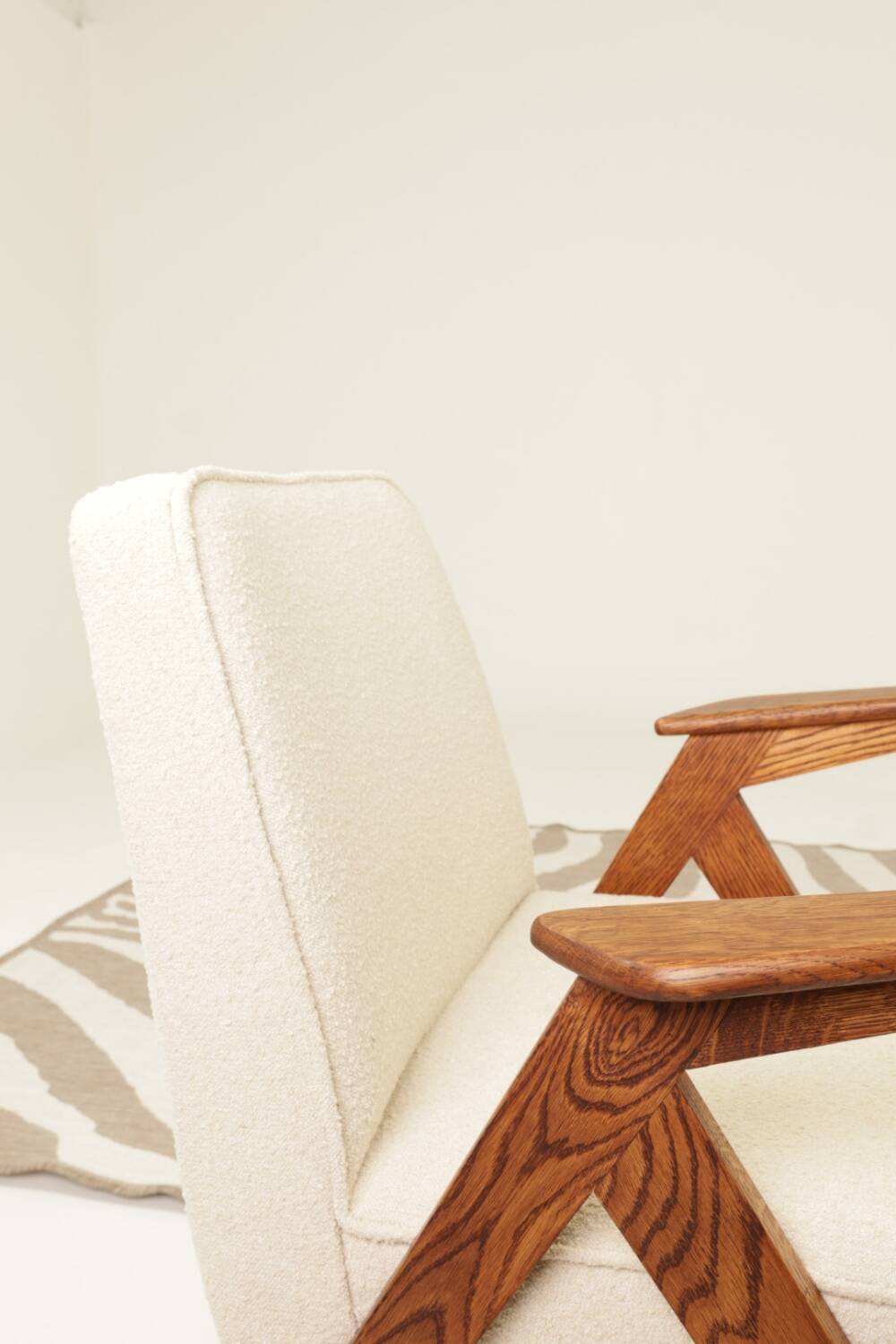 Scandinavian beige boucle armchair modern design rustic oak