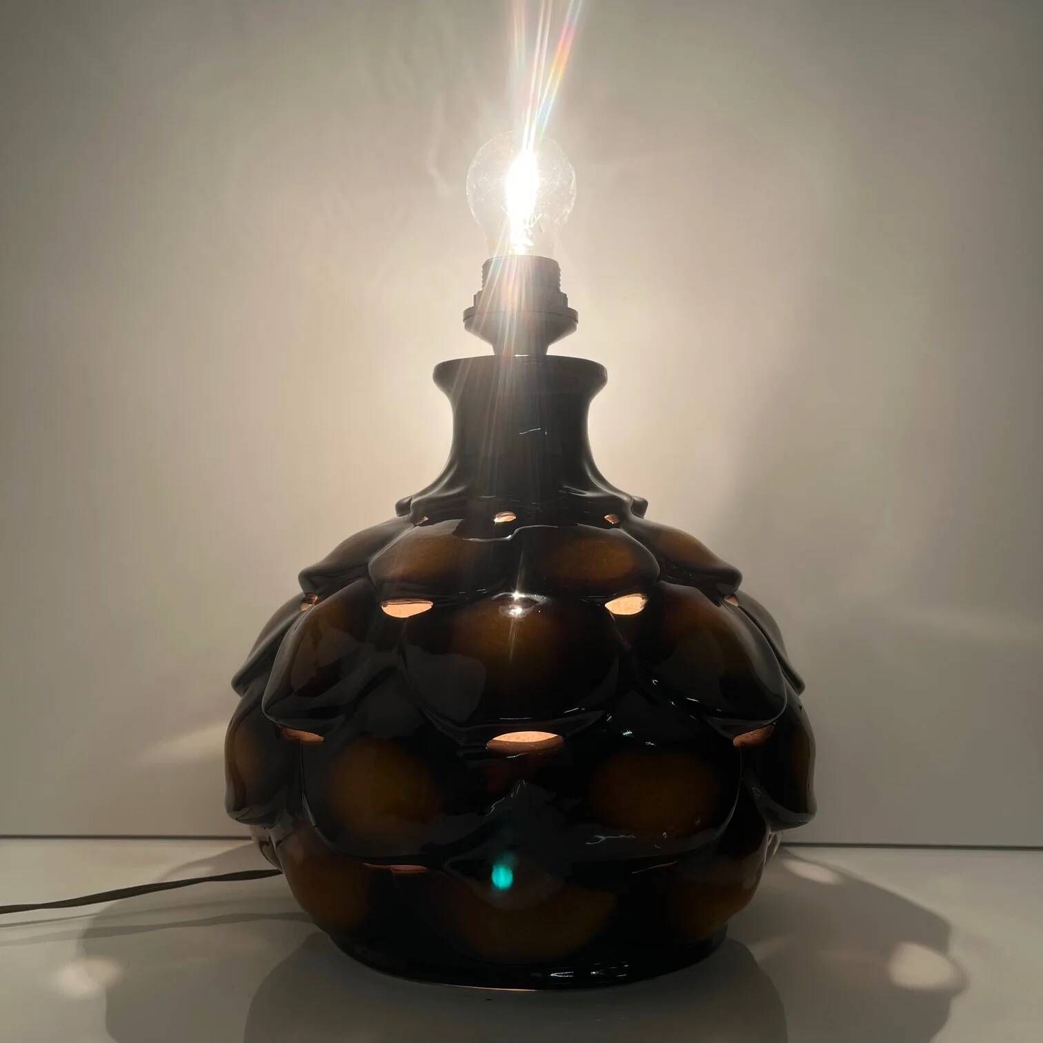 Pied de lampe de table, 2 feux, en céramique "écaille", 1970