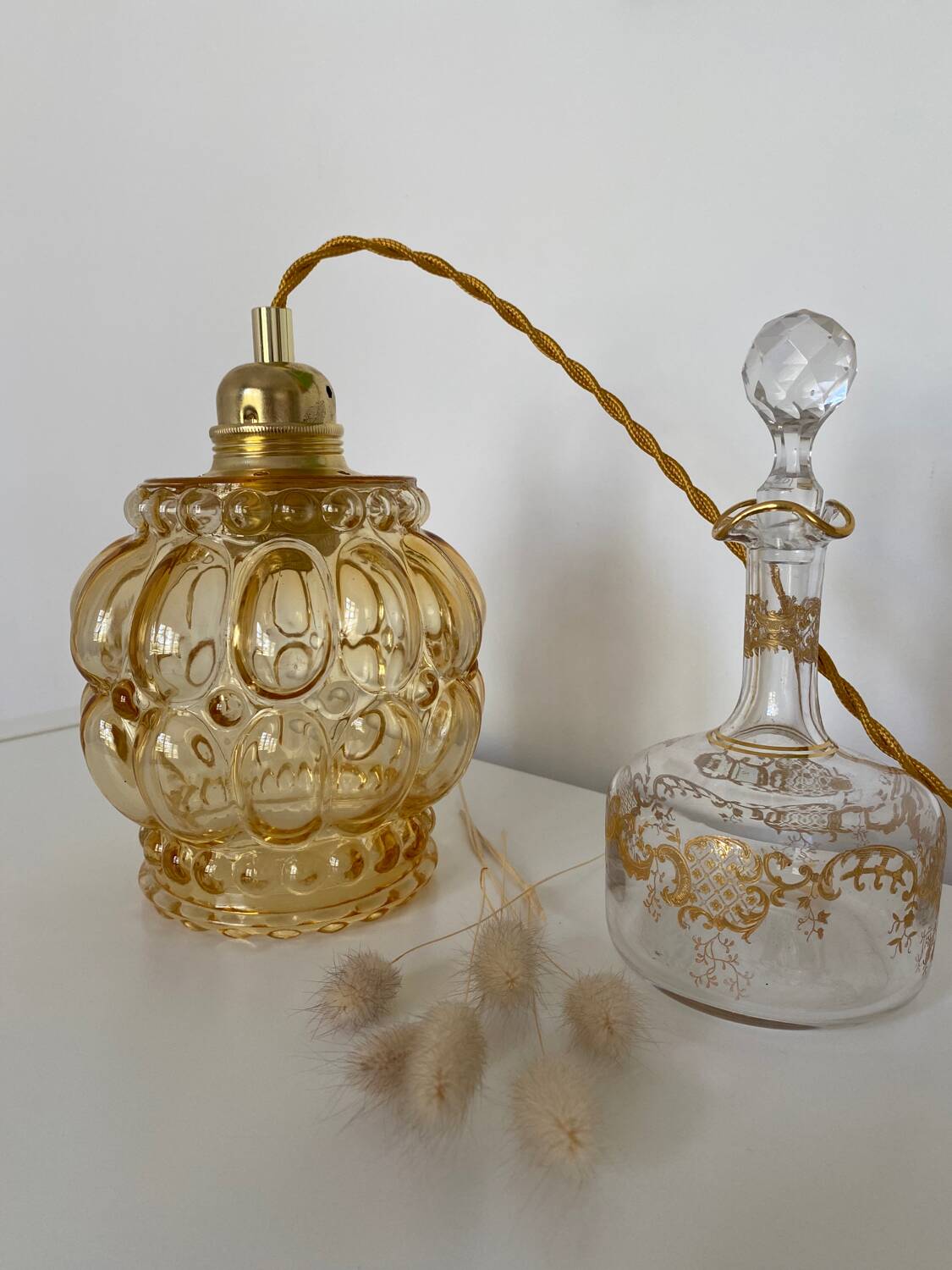Walking lamp (or pendant light) with vintage amber glass globe