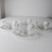 4x Transparent Glass Cups and Saucers with Grooved Embossing – Art Deco Italy 1960s, Elegant Tea Glassware Set