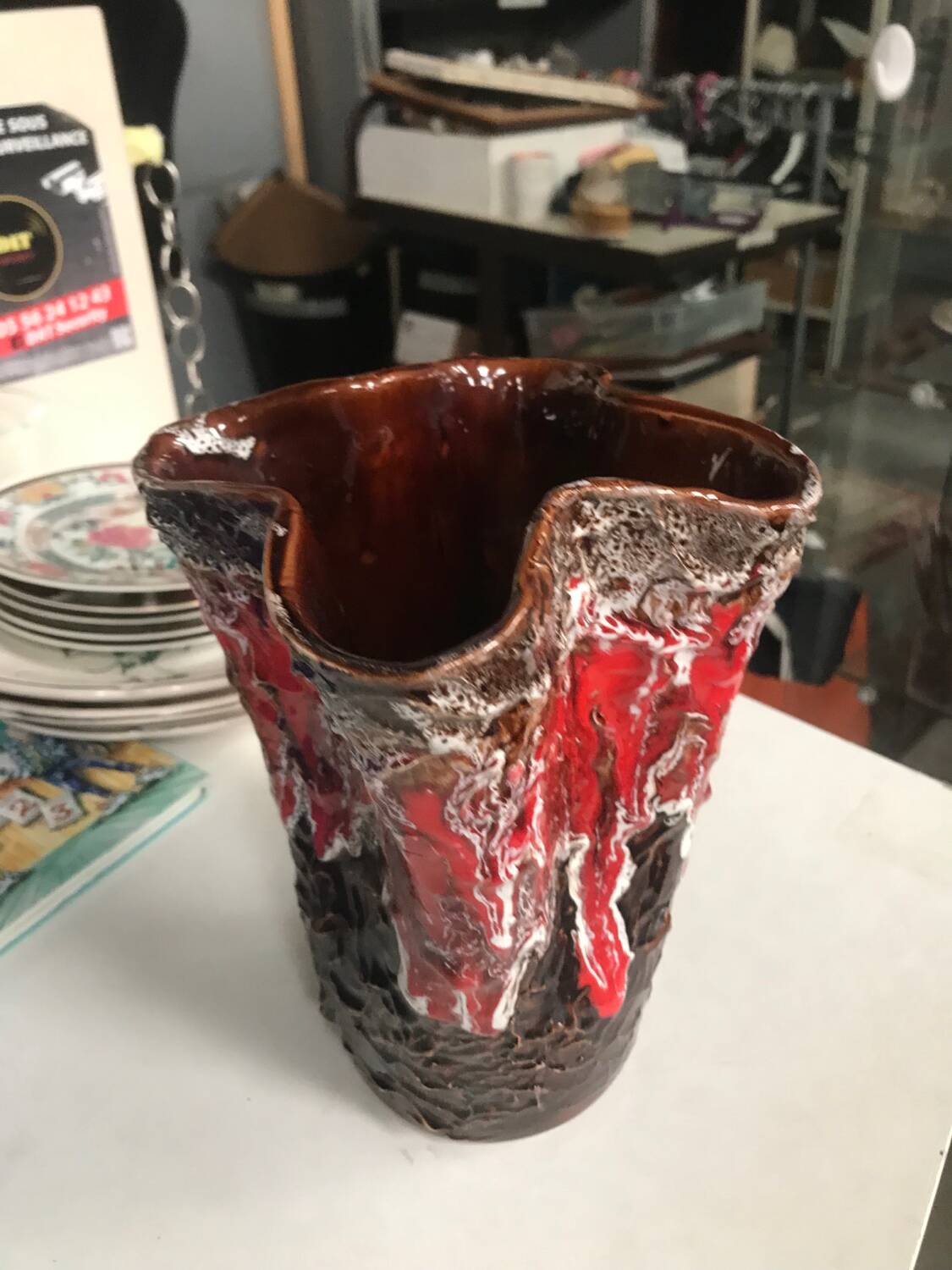 Vase in Vallauris earthenware, red, brown and white.