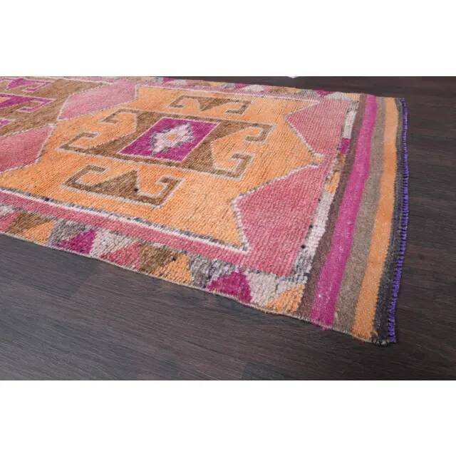 Vintage Turkish Hand-Knotted Wool Cotton Pink Runner 101x333