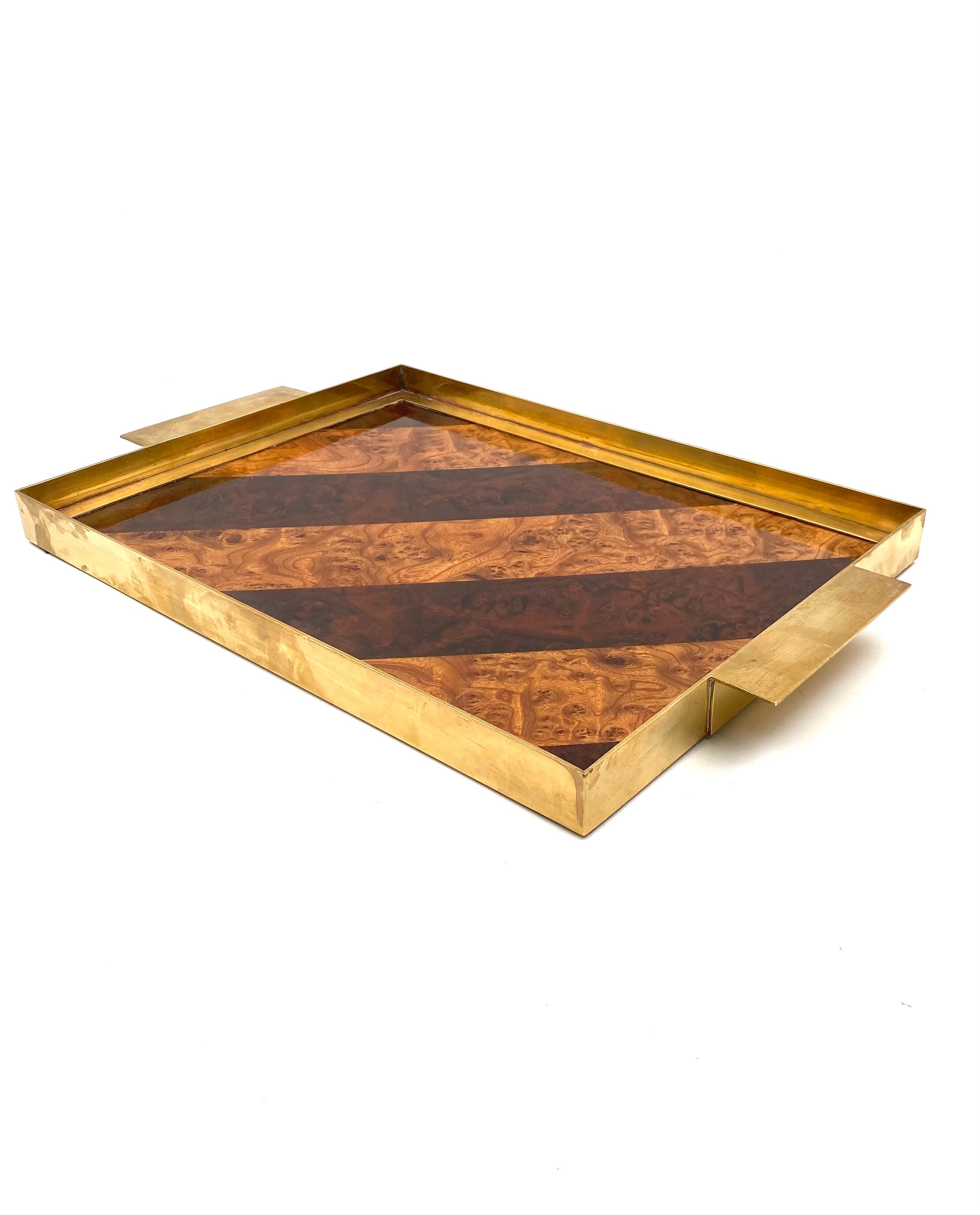 Brass and inlaid woods tray, italy 1970s