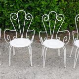 Garden furniture 1 table 4 armchairs in old white wrought iron.