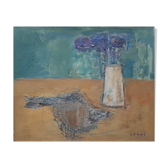 Painting by Nagao Usui: "Bouquet of flowers and fish"