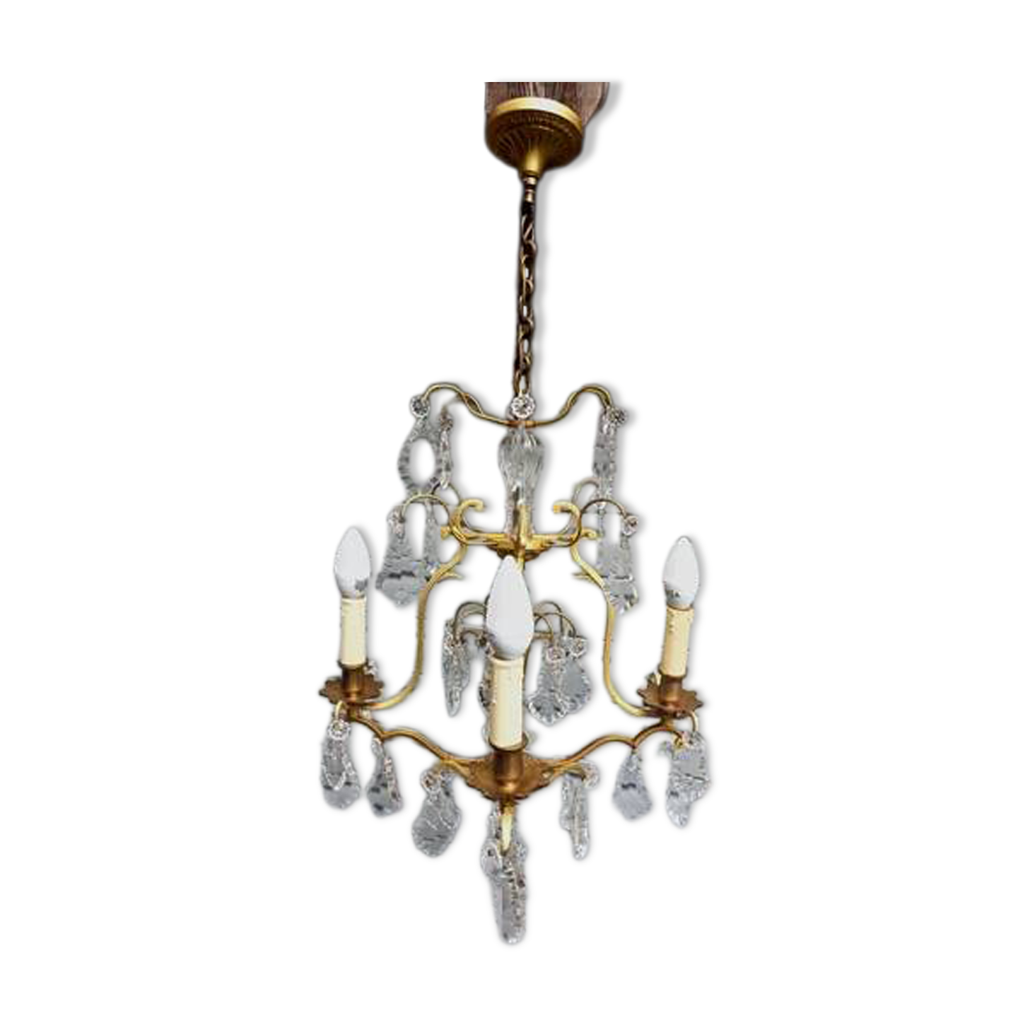 Rare antique cage chandelier in gilded bronze and crystal, 4 lights / WORKING CONDITION GAU?