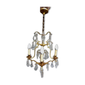 Rare antique cage chandelier in gilded bronze and crystal, 4 lights / WORKING CONDITION GAU?
