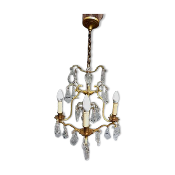 Rare antique cage chandelier in gilded bronze and crystal, 4 lights / WORKING CONDITION GAU?