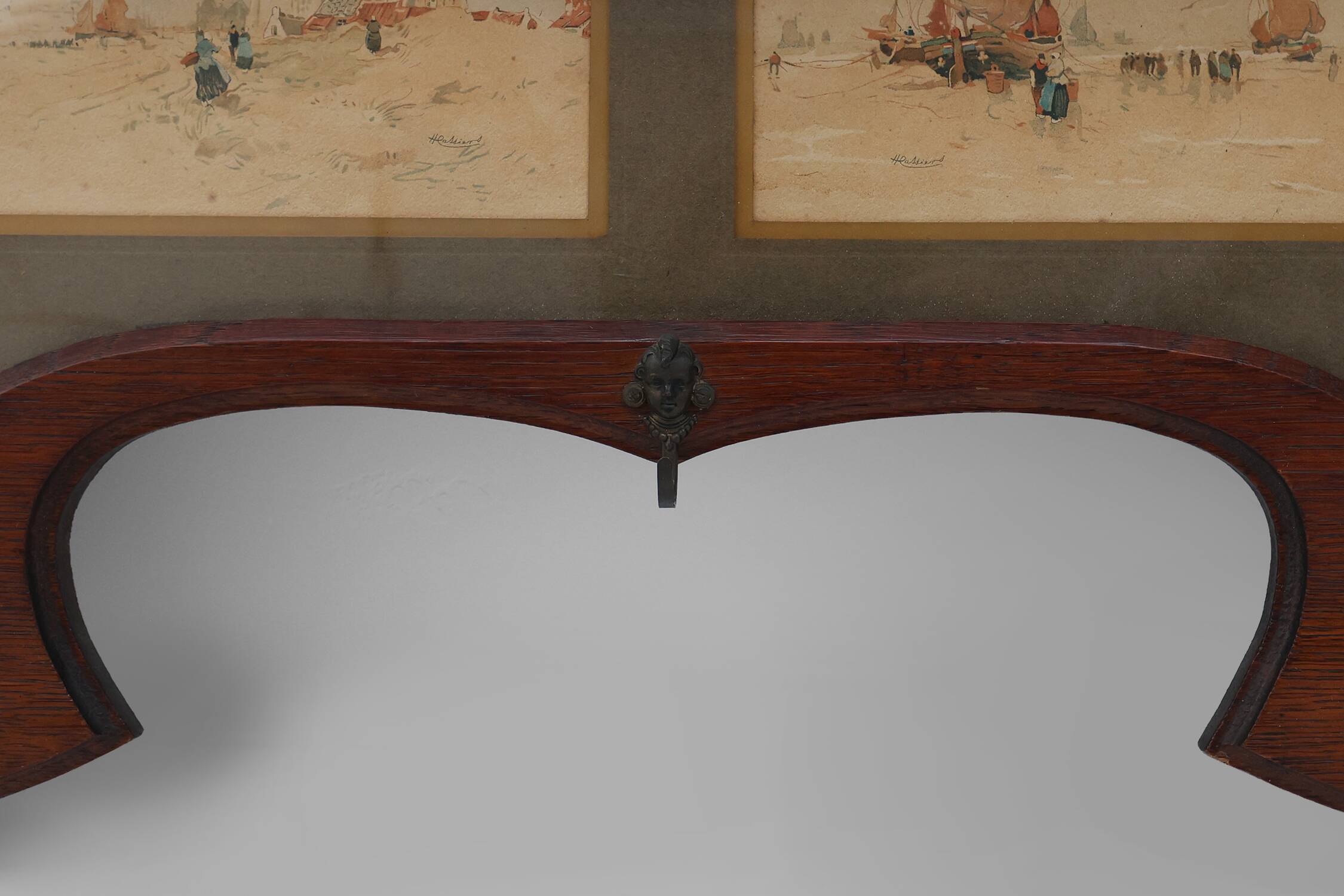 Art Nouveau Wall-Mounted Coat Rack with Framed Watercolors by Cassier, Belg