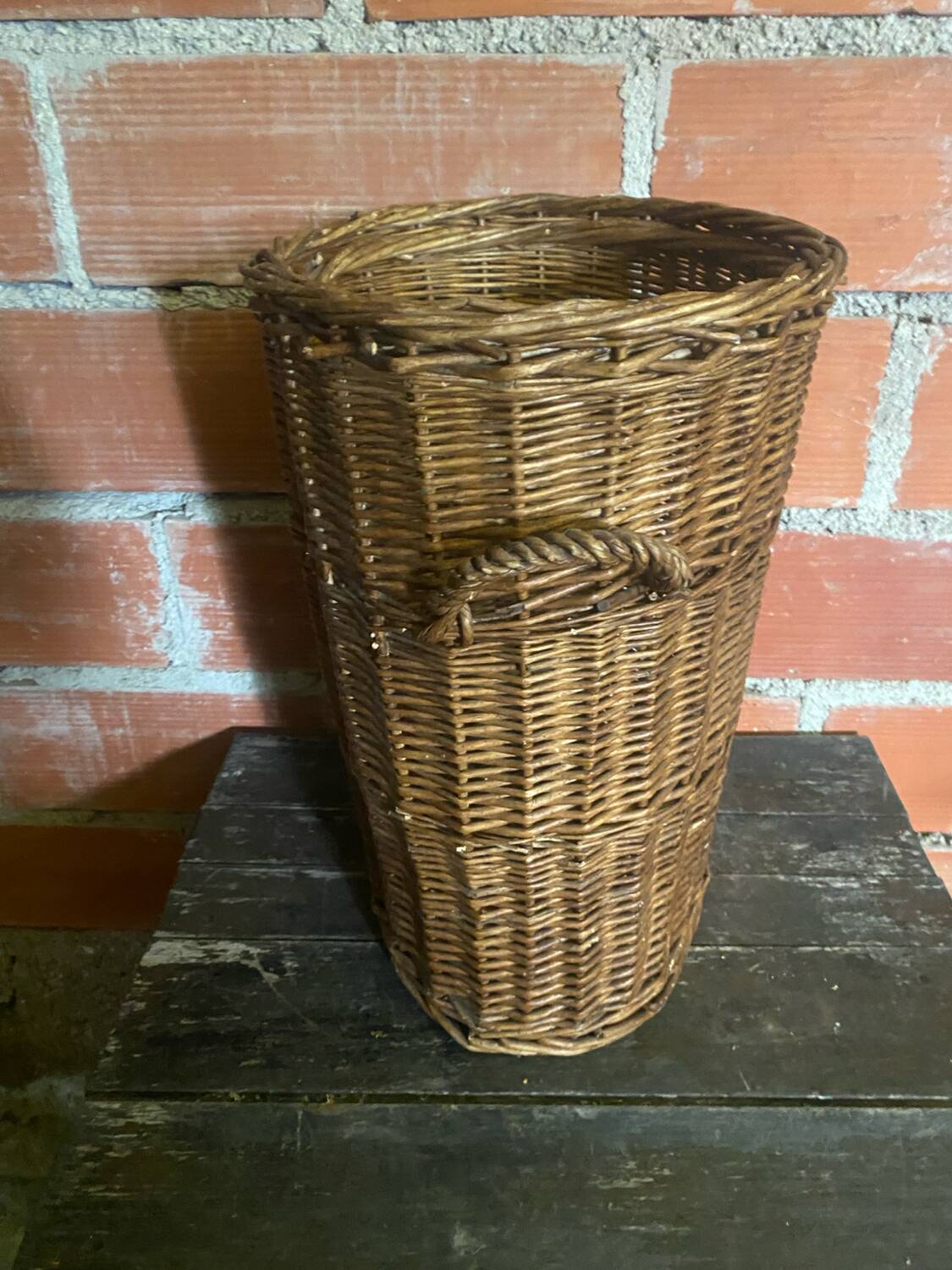 Old Basket Paniette Woven Willow with Handles Vintage Linen #D575