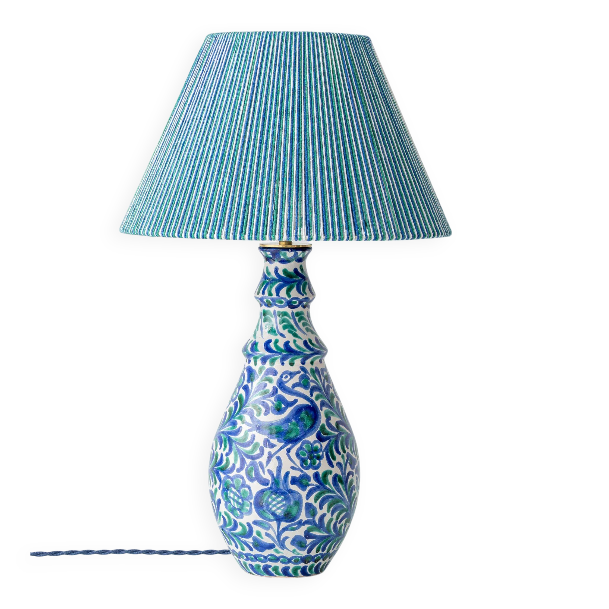 Fajalauza ceramic table lamp with hand-woven shade, Granada, Spain.