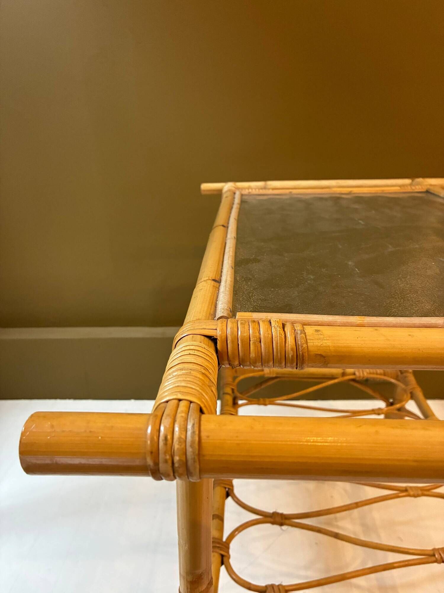 Trolley / Rolling cart in rattan and glass, 1960s