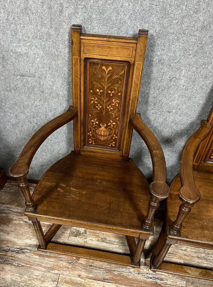 Pair of Renaissance armchairs called "Caquetoires" in walnut and marquetry, circa 1850