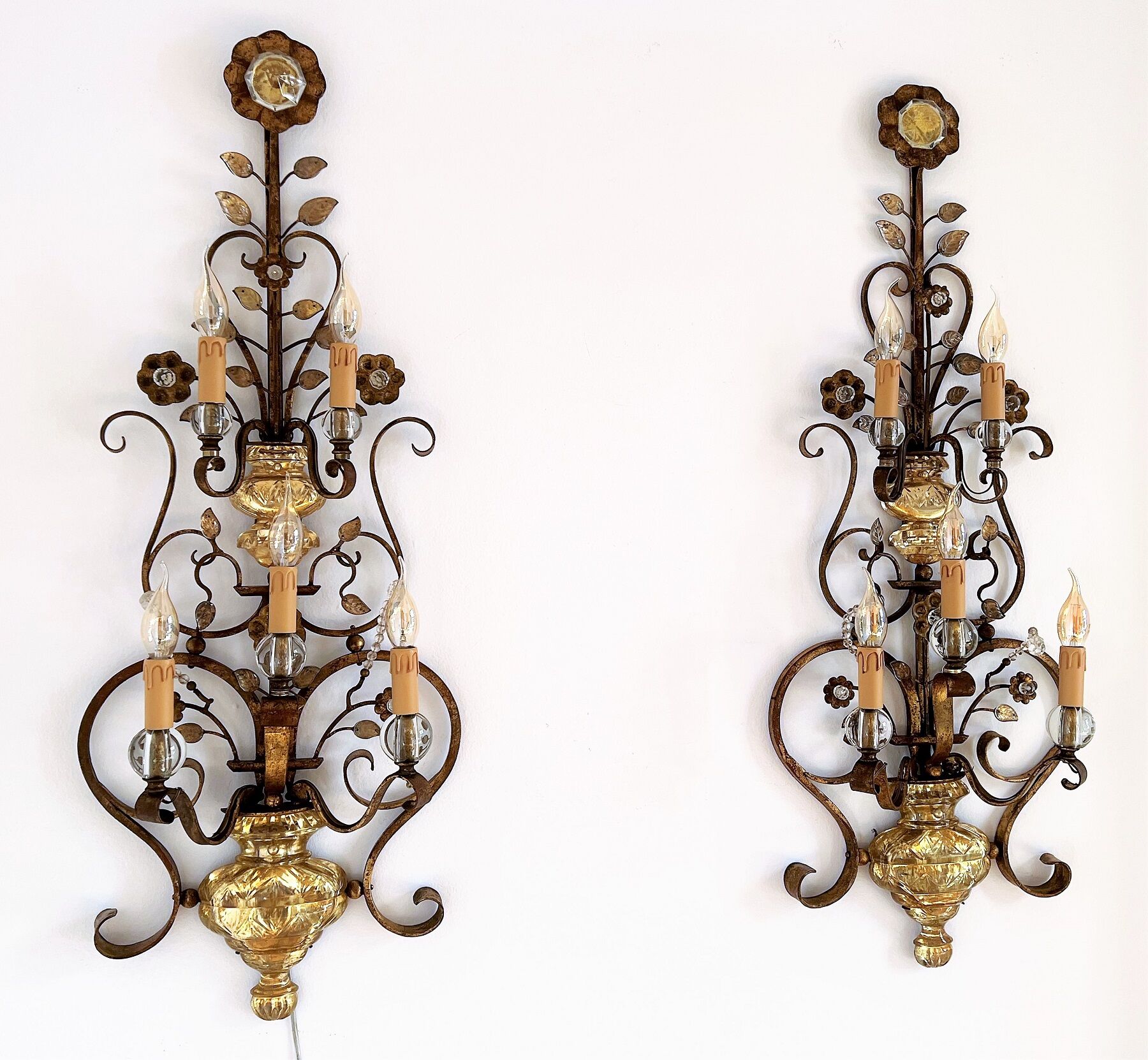 Appliques murales italiennes en cristal et fer forgé doré par Banci Florence, années 1960