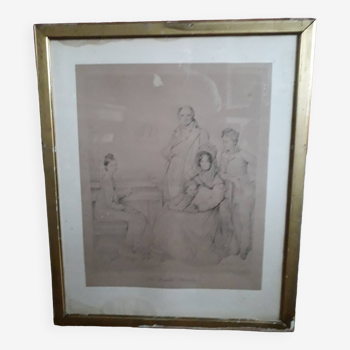 Gravure ancienne représentant la famille Stamaty d'après Ingres de Coraboeuf