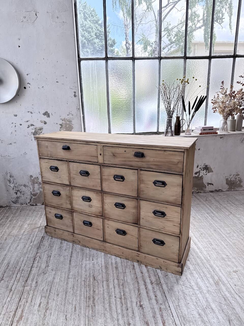 1950s pine workshop cabinet with drawers