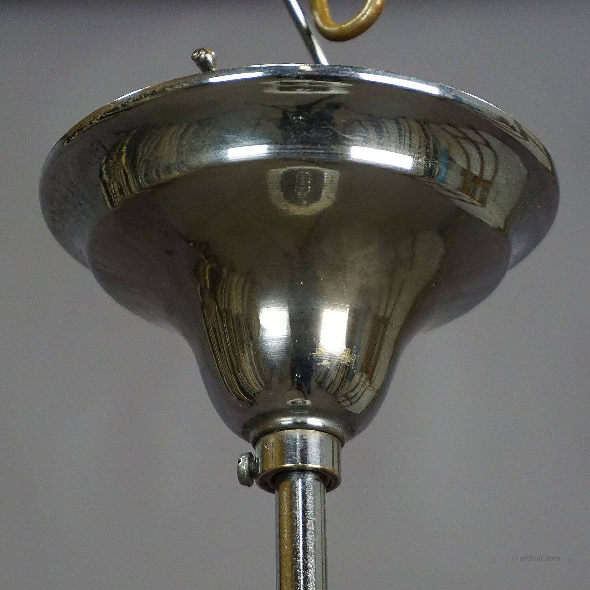 Functionalist suspension in Bauhaus style with opaline glass shade.