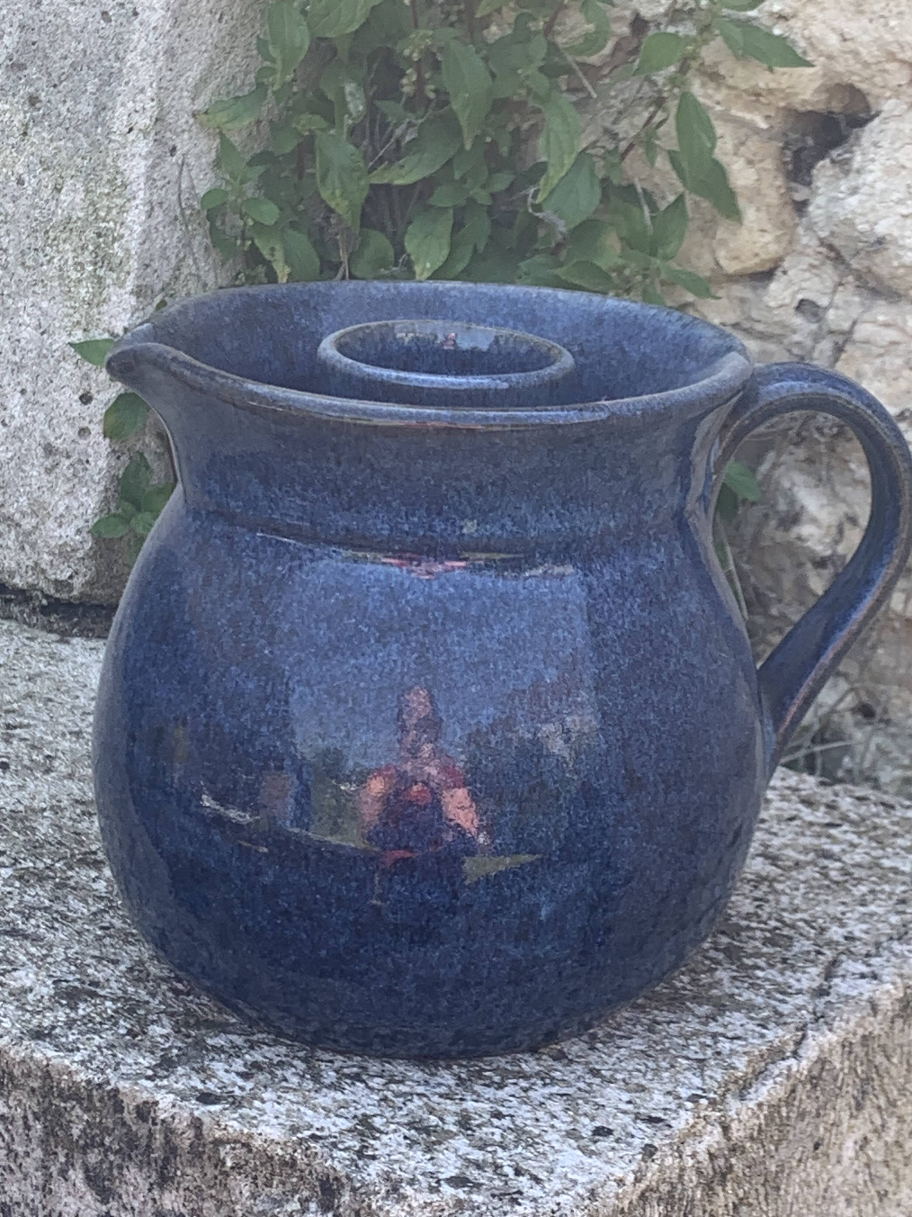 Pitcher, carafe, refreshing jug, ice cube jug, in blue glazed stoneware