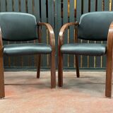 Pair of wooden and leatherette armchairs from the 80s