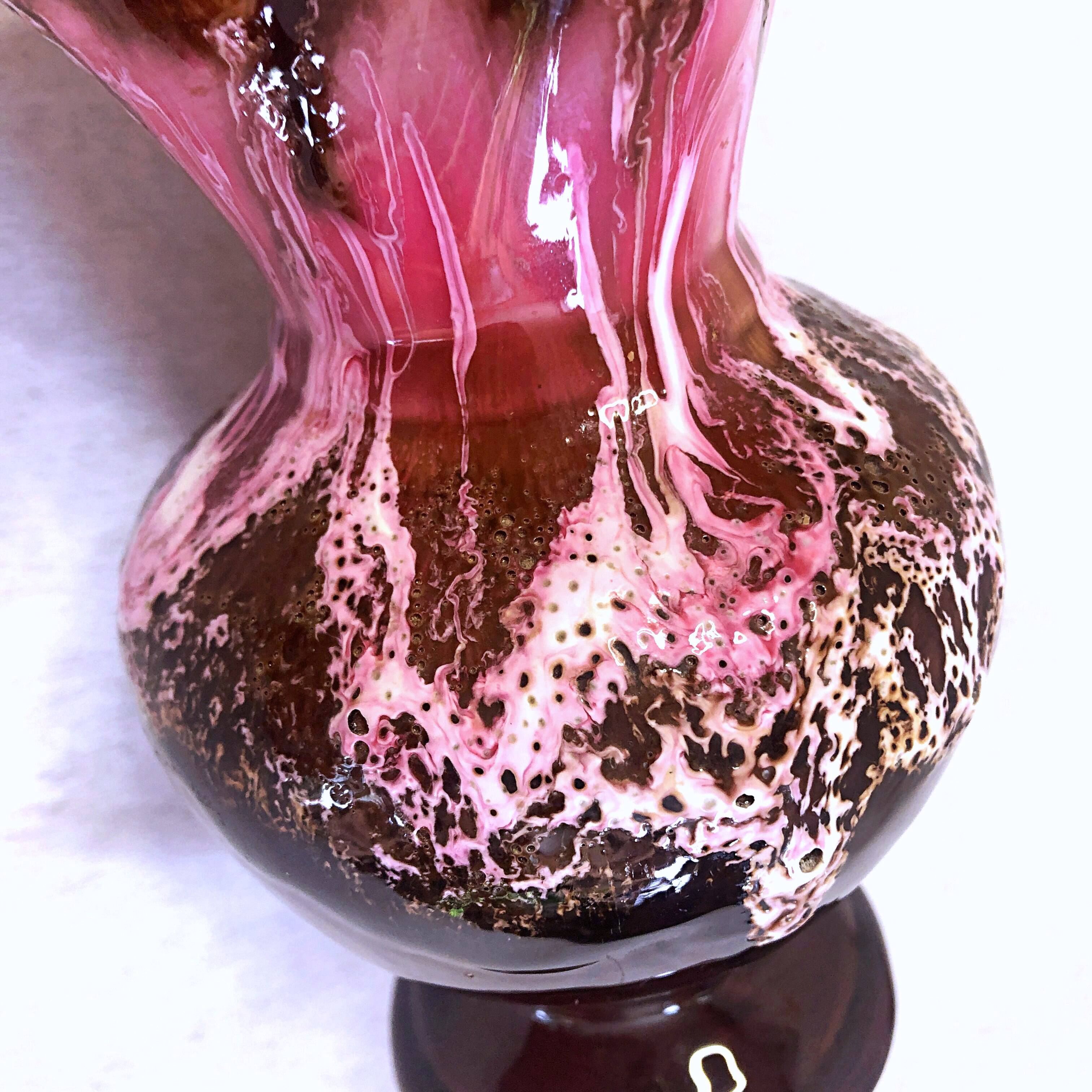 Seafoam tulipwood vase, brown and pink, Vallauris, signed PG