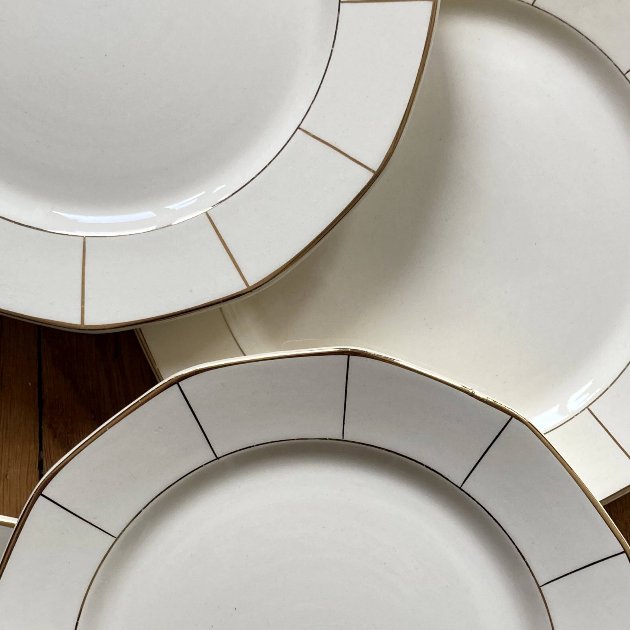 Set of 6 old Badonviller earthenware flat plates off-white and vintage gold tableware