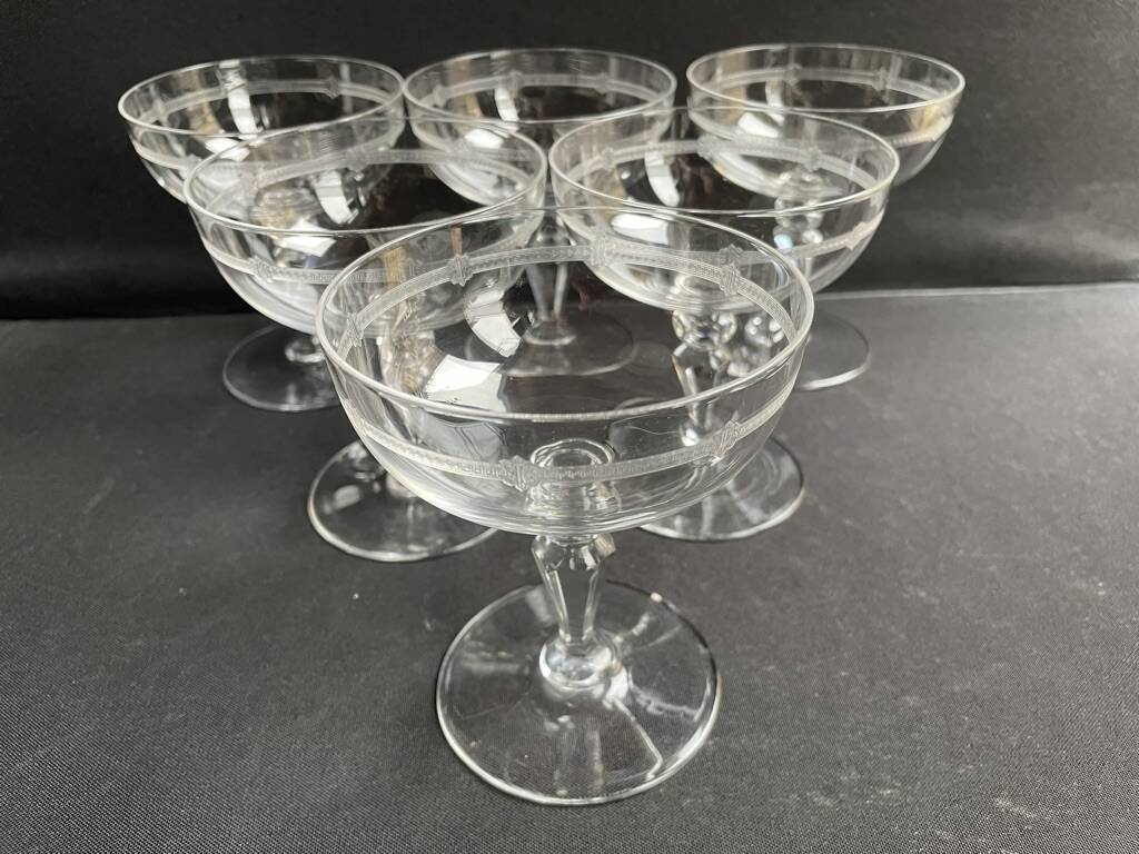 6 champagne glasses in light blown, cut and guilloché crystal