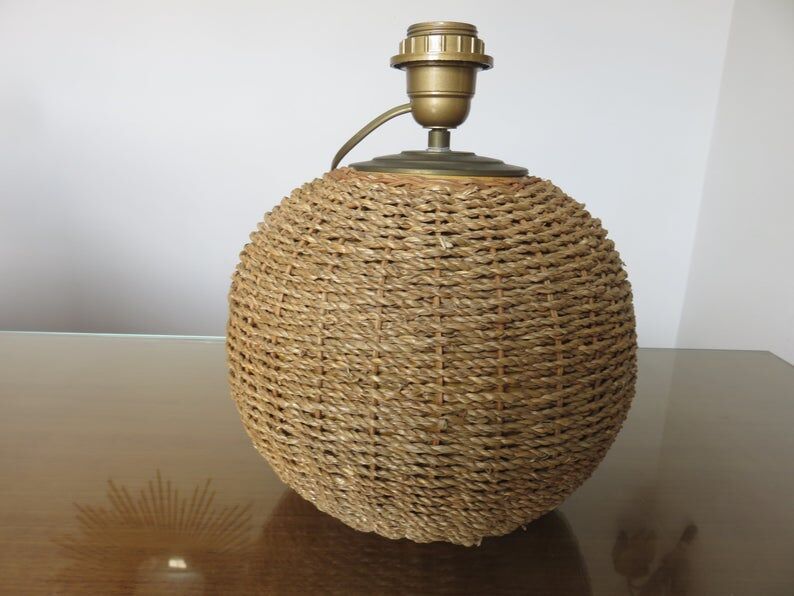 Ball lamp in rope, rattan, ceramic and brass 70s