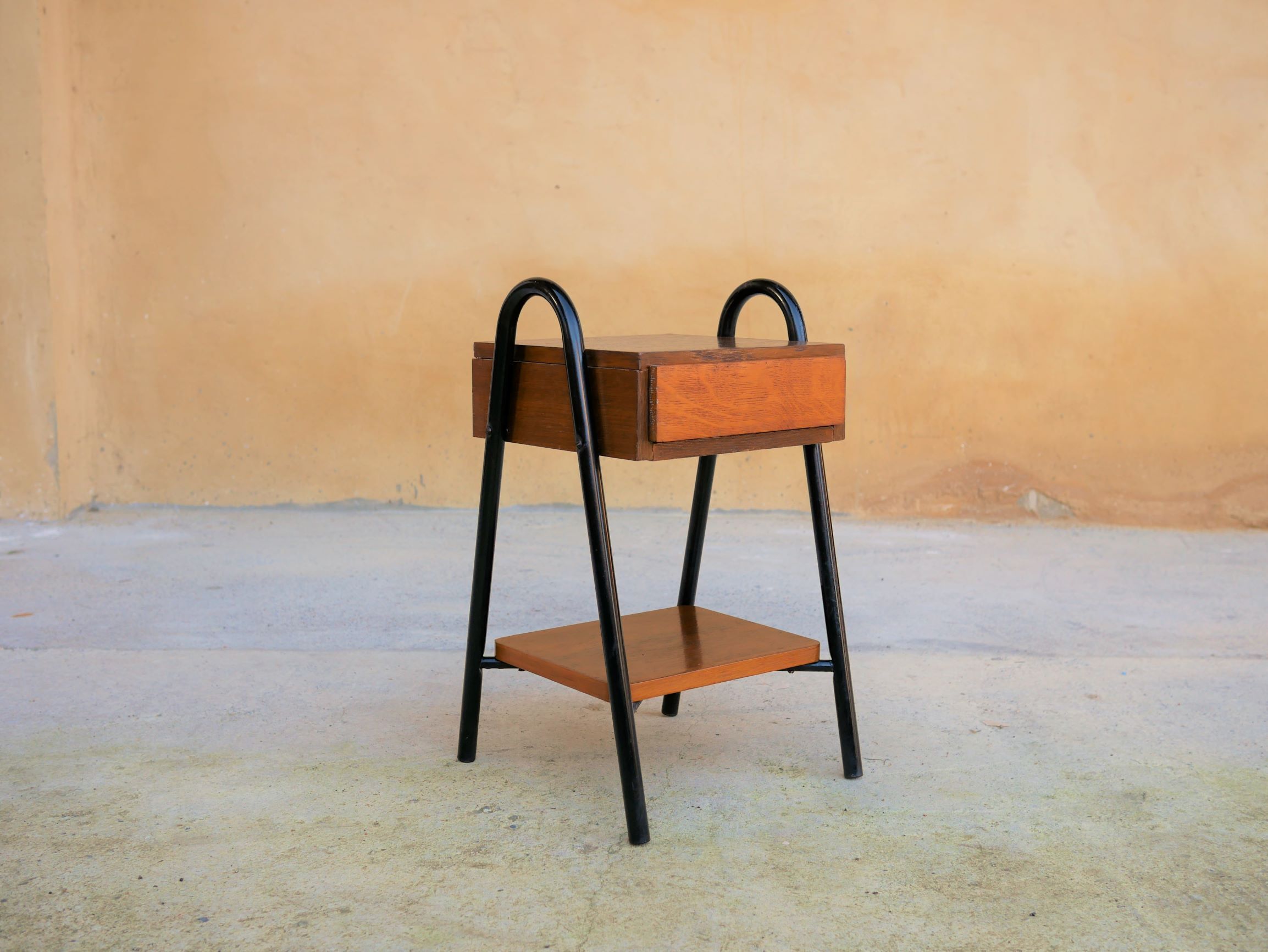 Vintage wooden and metal bedside table