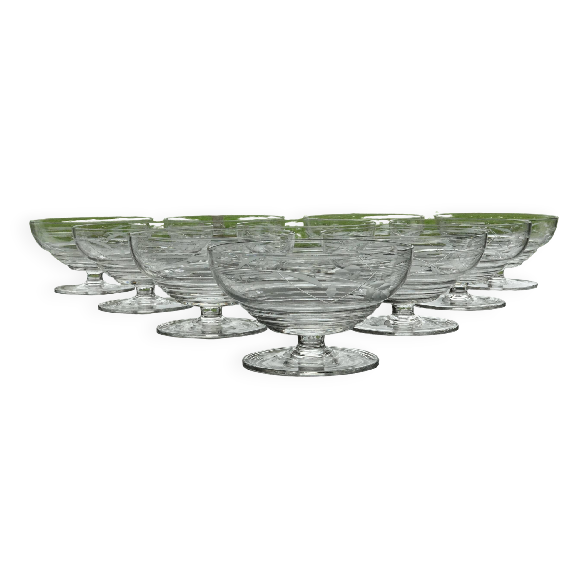 Set of 10 Art Deco crystal champagne glasses from Czechoslovakia