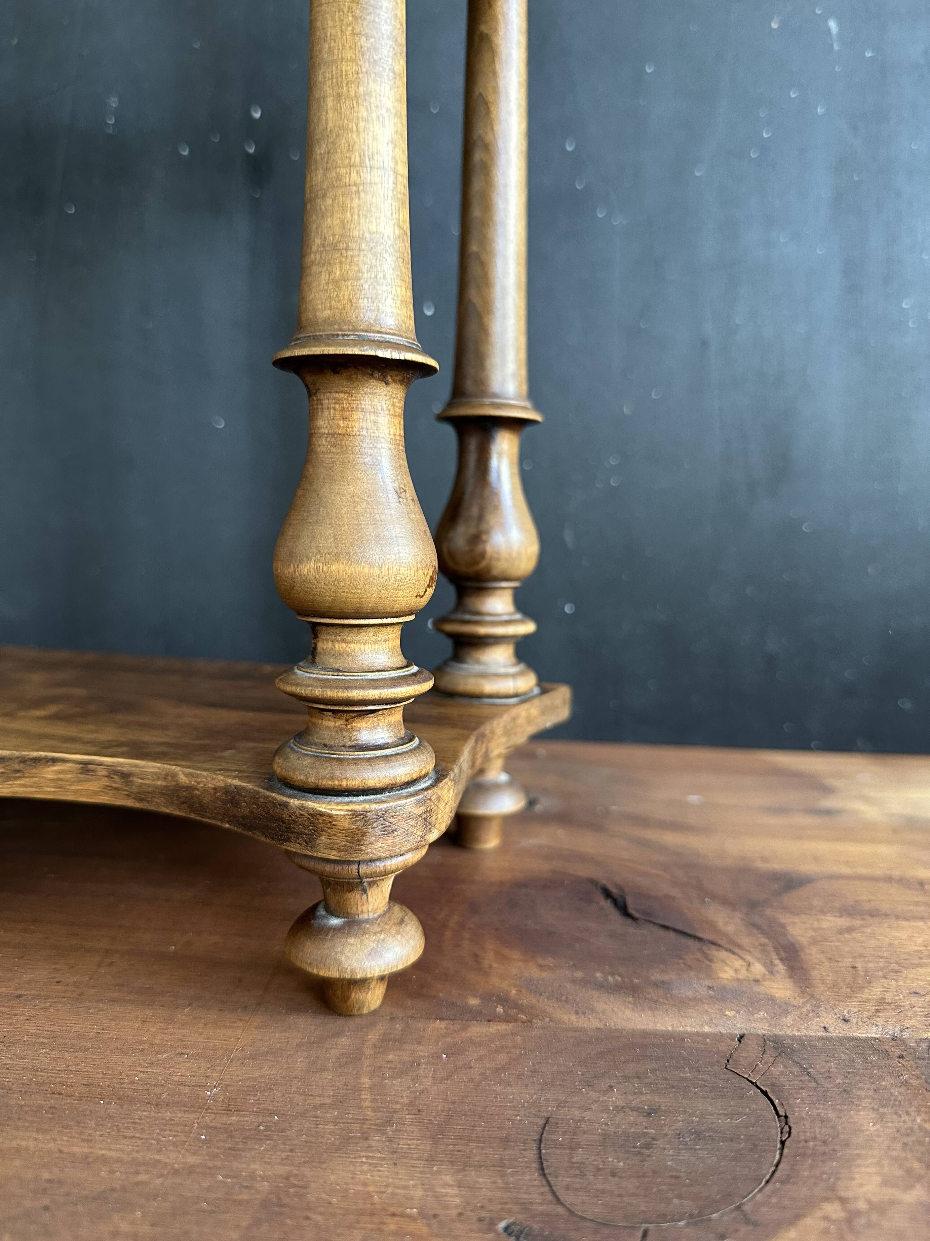 Antique turned wooden shelf with three levels, around 1900.