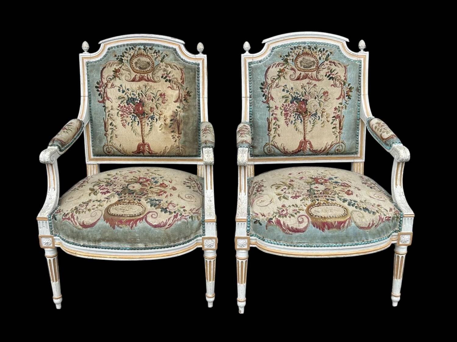 Pair of Louis XVI Cabriolet Armchairs - Lacquered and Upholstered Beech