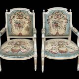 Pair of Louis XVI Cabriolet Armchairs - Lacquered and Upholstered Beech