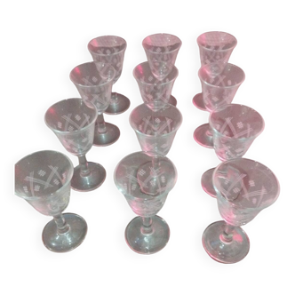 12 Art Deco Chiseled Liqueur Glasses